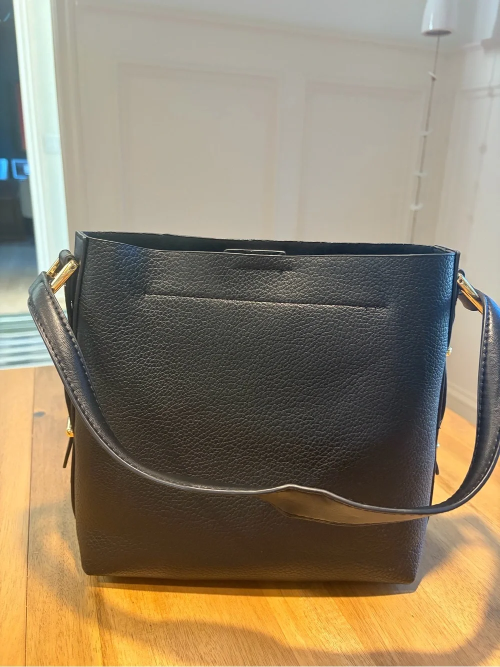 Steve Madden Black Pebbled Leather Messenger Bag with Gold Hardware